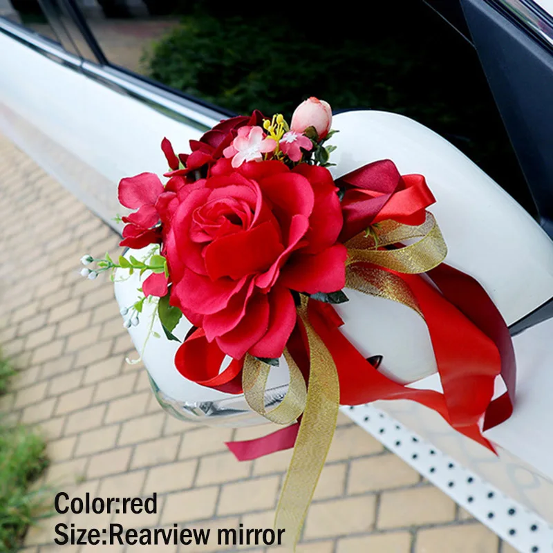 red Rearview mirror Свадебные украшения, искусственные букеты высушенных цветов, цветы для домашнего декора, украшение автомобиля, цветочные дверные ручки, зеркало заднего вида, Dec DC112 - Цвет: red Rearview mirror