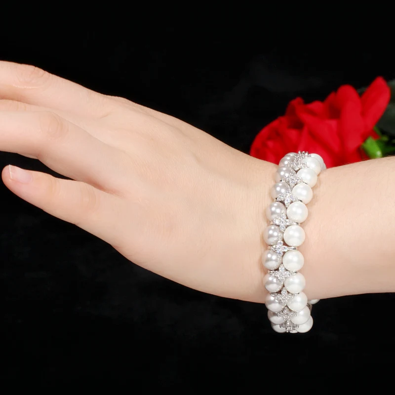 CWWZircons элегантные модные серебряные большие широкие серые жемчужные браслеты с кубическим цирконием женские свадебные украшения подарок CB201