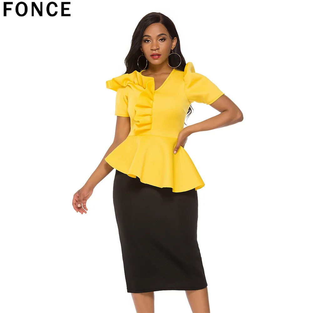 prendas blusa amarilla con falda negra