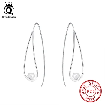 

ORSA JEWELS Solid 925 Sterling Silver Women Bending Dangle Earrings Simple Top Grade Simulated Pearl Drop Earrings Jewelry SE213