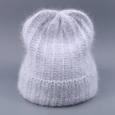 Зимняя вязаная шапка Skullies для женщин, винтажная яркая шелковая женская шапка с кроличьим мехом, теплые женские шапки Gorro, Лыжные шапки для девочек, новинка - Цвет: Blue