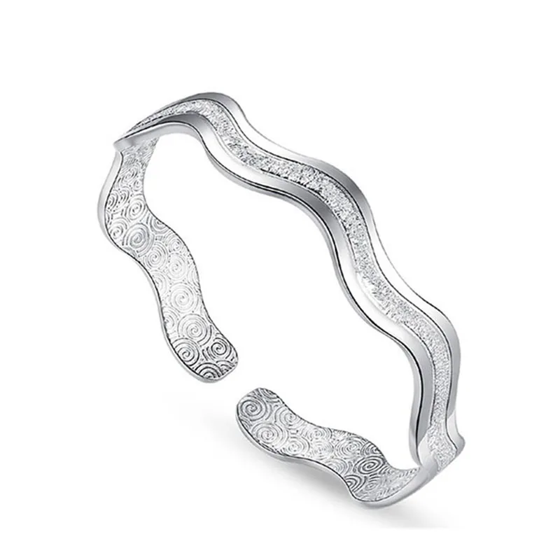 925 Sterling Silver Ladies Shiny Ripple Whirl Bracelet Women Men Girls Open Cuff Bangle Adjustable Gift Present