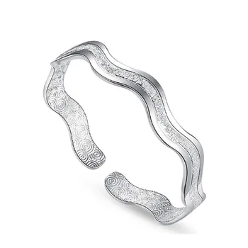 925 Sterling Silver Ladies Shiny Ripple Whirl Bracelet Women Men Girls Open Cuff Bangle Adjustable Gift Present