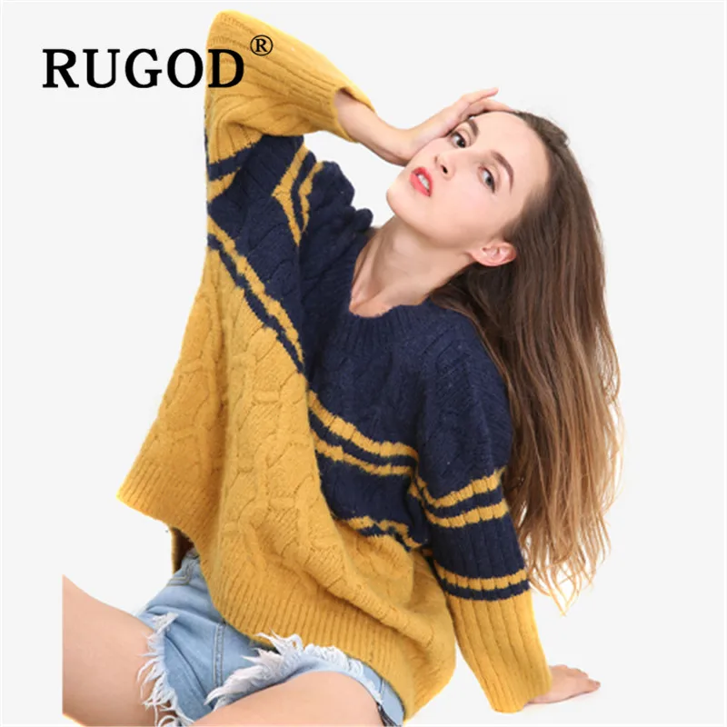 RUGOD, свитер с цветными блоками, Свободный пуловер, твист узор, джемперы, Зимние Топы для женщин, трикотаж, корейский стиль, женские свитера