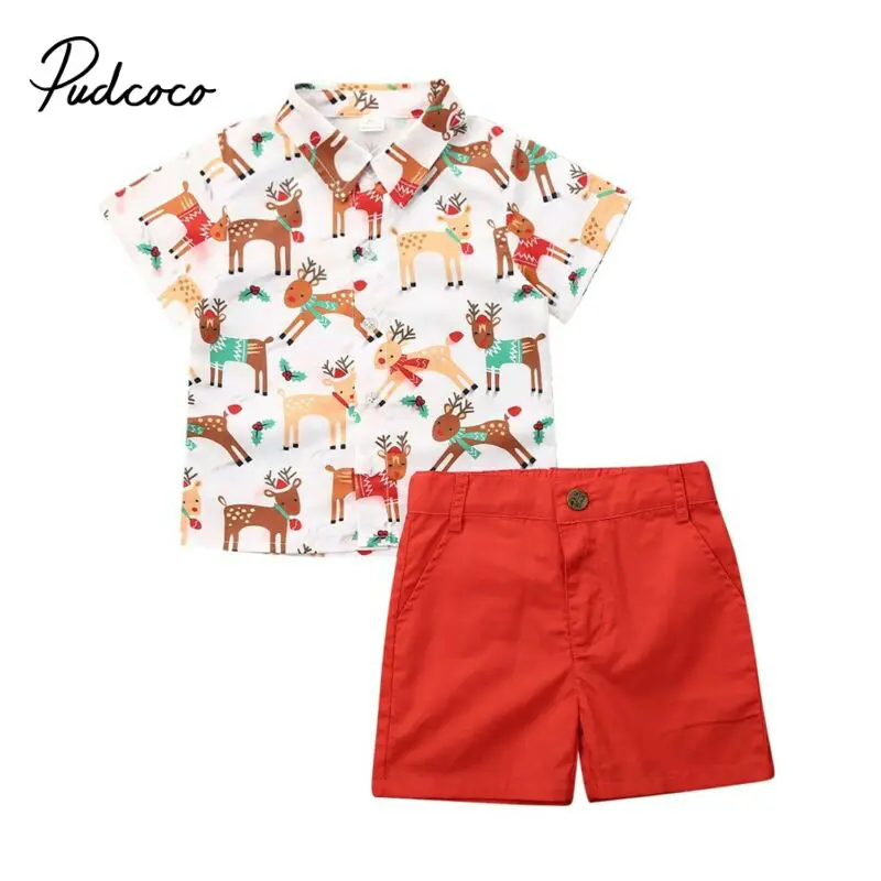 Рождественская Одежда для новорожденных мальчиков комплект из 2 предметов, летнее платье, рубашки топы и шорты, комплекты одежды для малышей с короткими рукавами От 1 до 6 лет