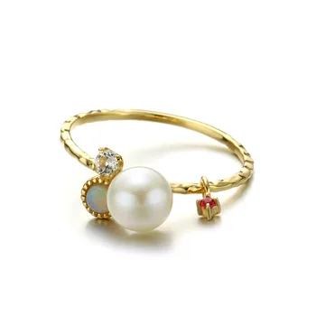 

LAMOON 925 Sterling Silver Ring For Women Freshwater Pearl Retro Style Opal Ruby Gemstone 14k Gold Plated Fine Jewelry LMRI135