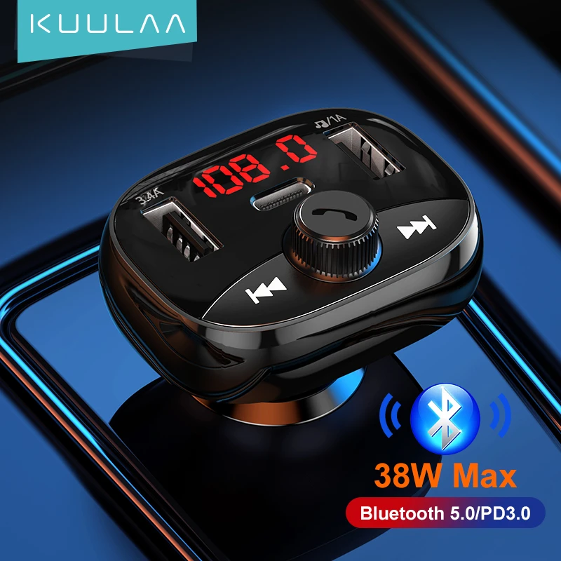 KUULAA 38W USB Type C Phone Charger For Car FM Transmitter Bluetooth Car Kit Audio MP3 TF Card Player Dual USB Car Phone Charger