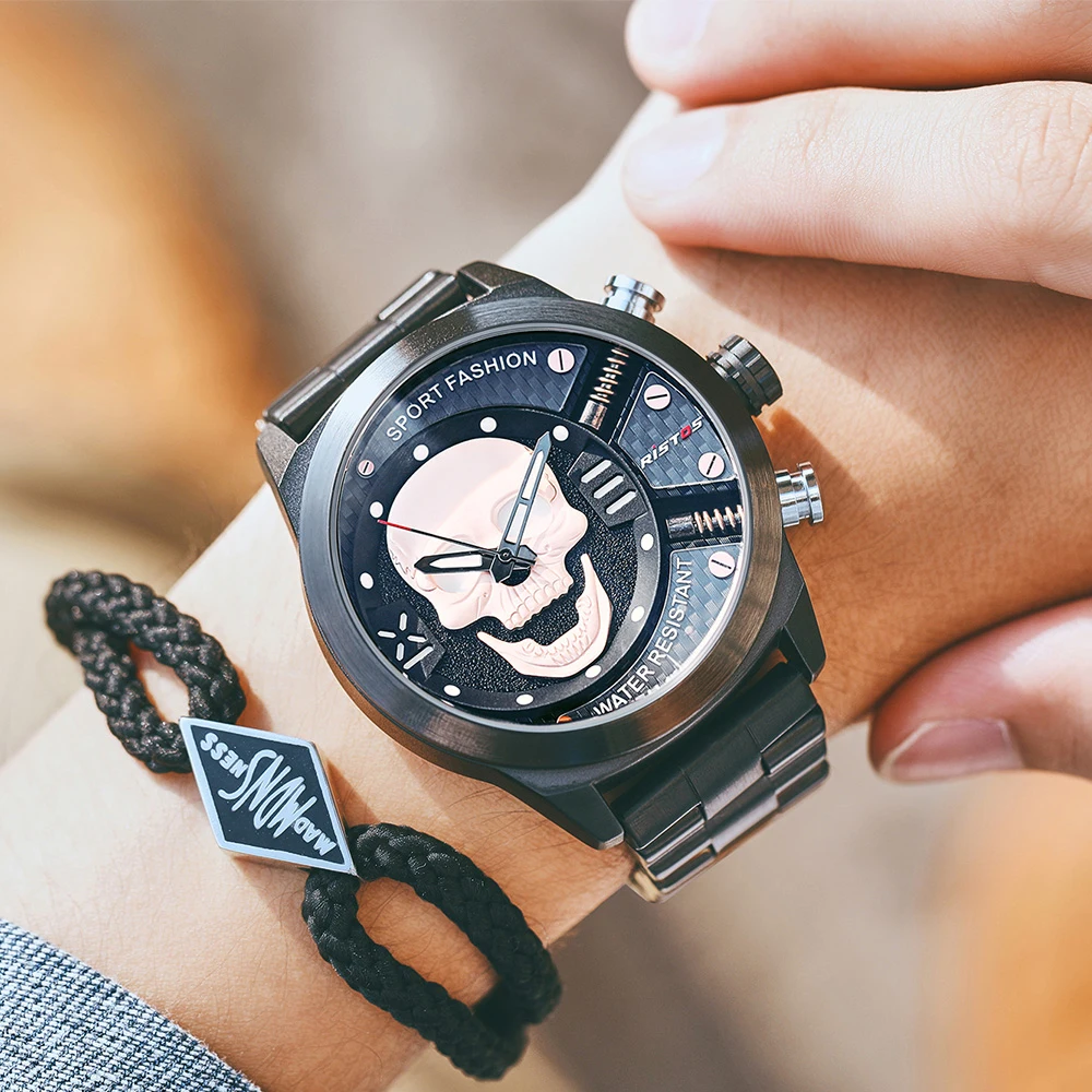 

RISTOS Skull Quartz Men's Watch Men Creativity Watches Stainless Steel 30M Waterproof Male Wristwatch Relogio Masculino 2020 New
