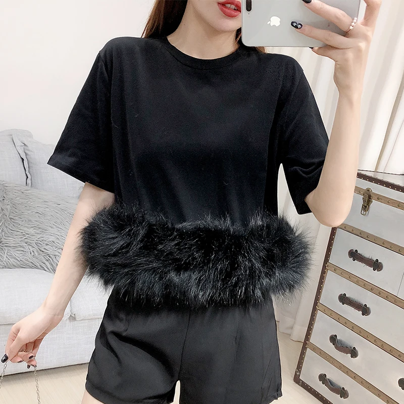 ALPHALMODA, весна, новинка, Джокер, простой пуловер, короткий рукав, футболка для женщин, меховая отделка, пэчворк, модная футболка, черный, белый