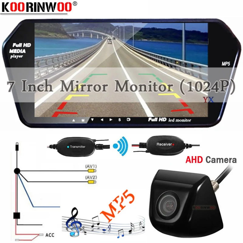 

Koorinwoo Wireless AHD 7 Inch TFT LCD Colorful Mirror Monitor Viedo Input AV1/2 MP5 Player Car Rear view Backup Reversing Camera