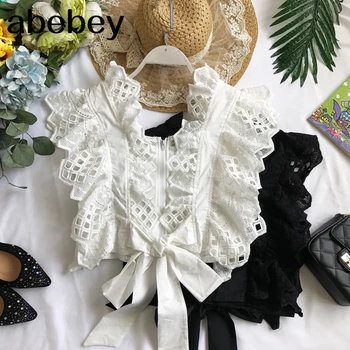 

2020 new fashion women's blouse shirt Summer lace openwork ruffled short tops women's waistband bow