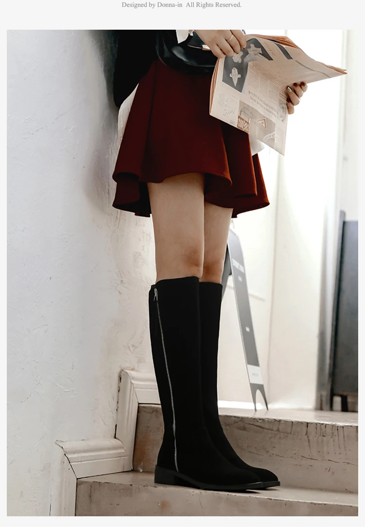 Donna-in/; сапоги до колена из натуральной кожи; женские зимние высокие замшевые сапоги на каблуке; короткие плюшевые женские сапоги на молнии; Цвет черный, коричневый