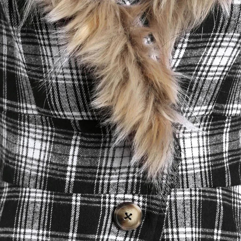 Fashion Plaid Warm Coat Casual Ladies Hooded Fur Collar Buttons Tunic Jacket Coat Female Winter Long Sleeve Womens Outerwear