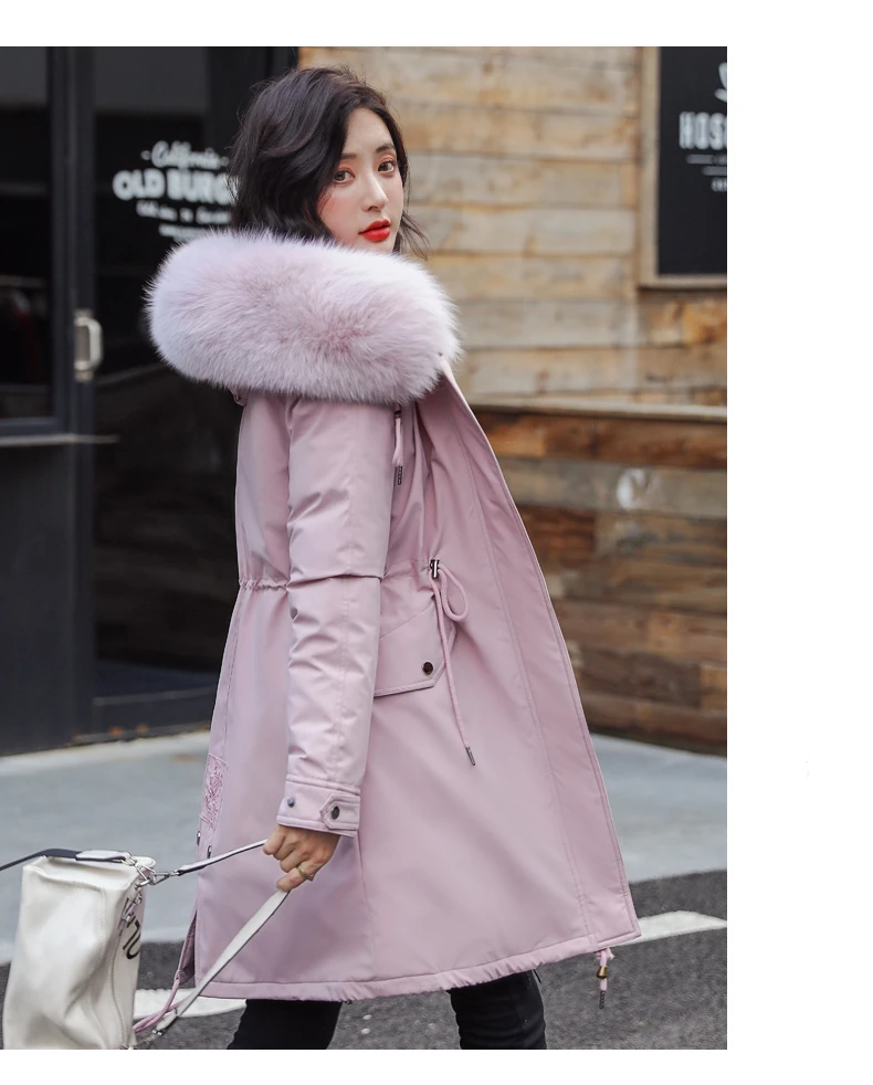 Зимние женские куртки, парка с капюшоном, корейский стиль, теплый модный длинный пуховик для женщин, утолщенное розовое хлопковое пальто с меховым воротником, верхняя одежда