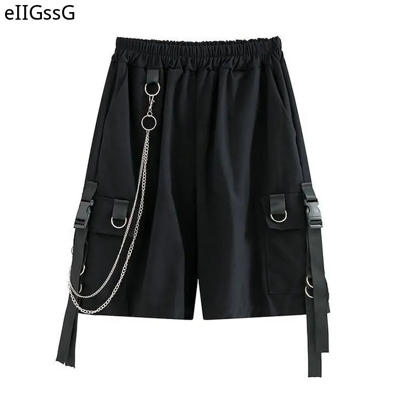 2021 Summer Women's Overalls Shorts Women Loose Straight Casual Shorts Fashion Stretch Waist Handsome Black Knee-length Shorts
