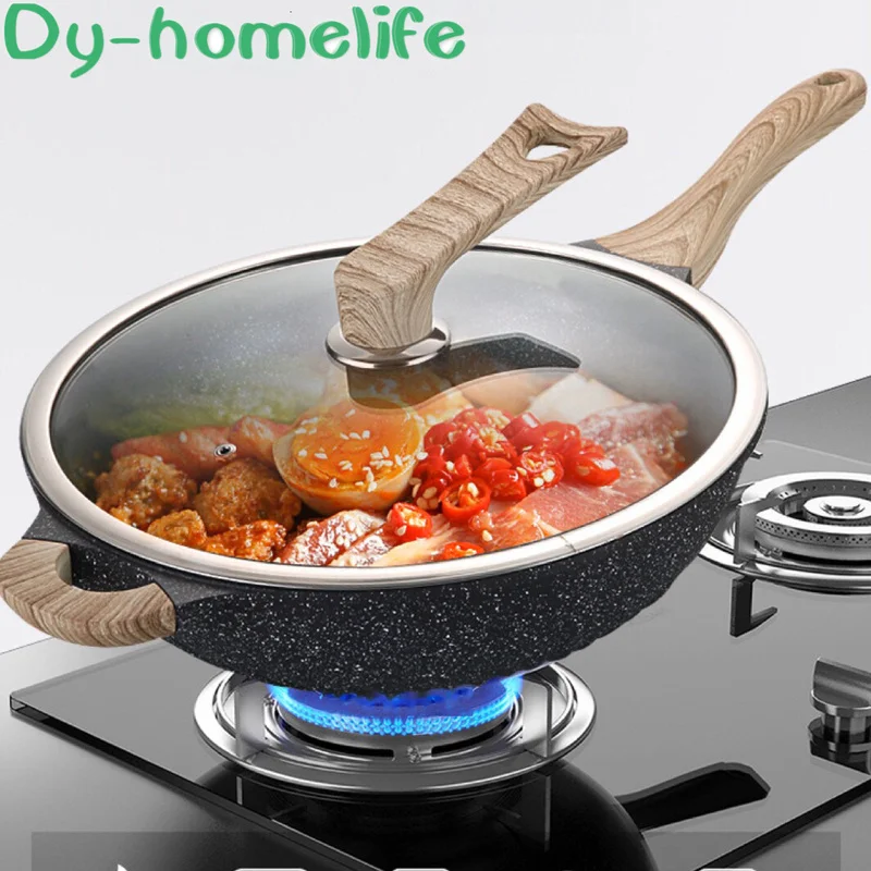 

European Style Wood Grain Handle Maifan Stone Non-stick Pan Household Open Flame Induction Cooker Universal Frying Pan