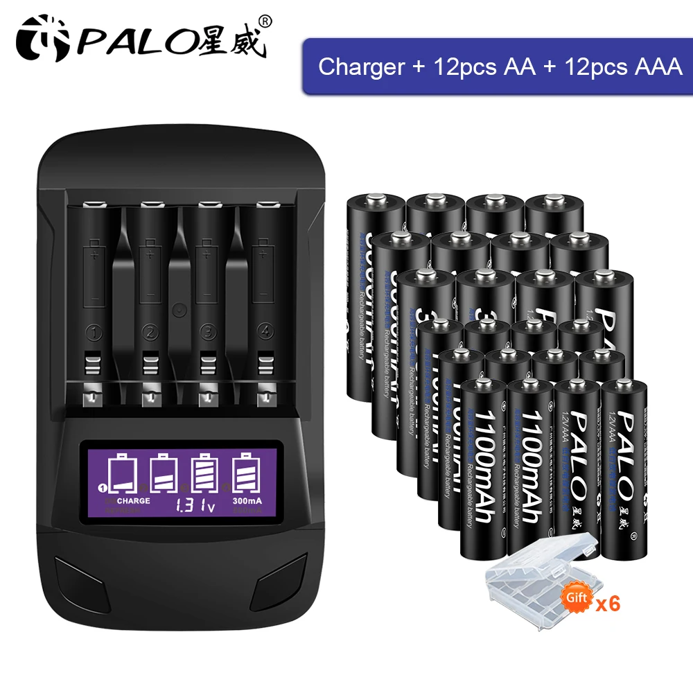 Palo Aa Batteria Ricaricabile 3000Mah 1.2V + Batterie Ricaricabili Aaa 1100Mah + Lcd Usb Di Smart Aa Aaa Caricabatteria Caricatore