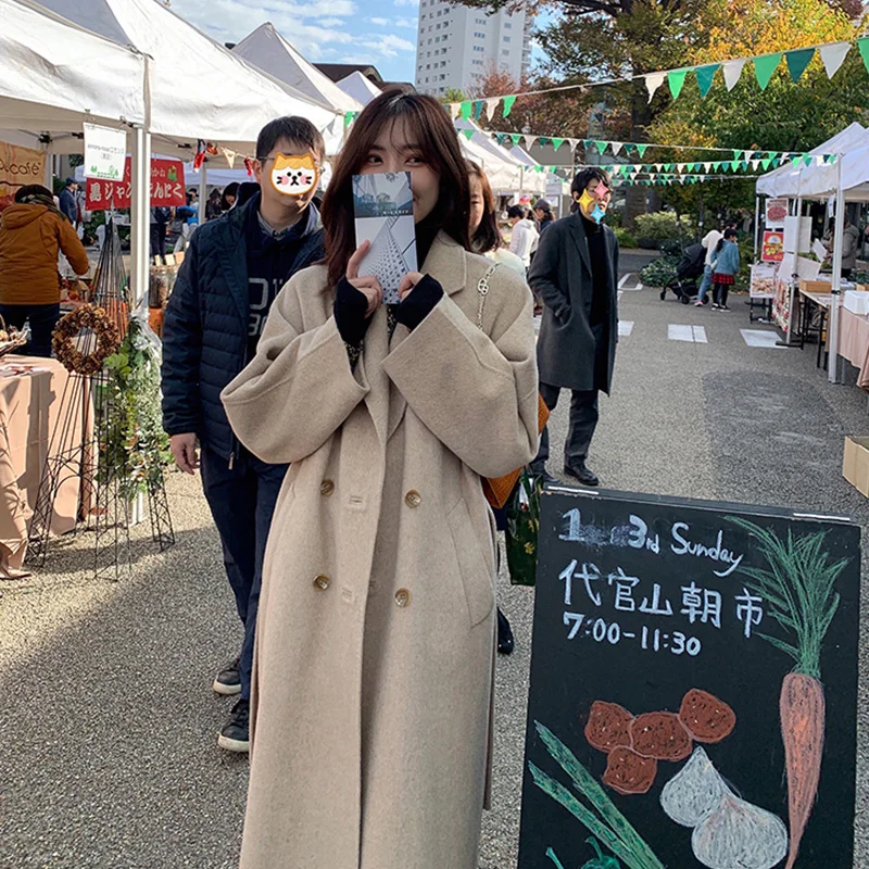 

Woolen Coat Women Turn Down Collar Double Breasted Long Wool Coat Winter Woolen Overcoat Warmness Oversize Outwear Ka1244