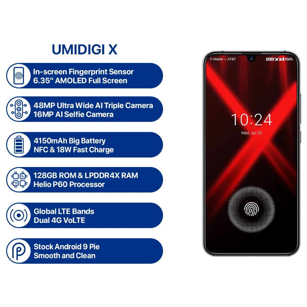 Новая глобальная версия UMIDIGI X In-screen Fingerprint 6,3" AMOLED 48MP 6GB+ 128GB NFC Helio P60 Octa Core 4150mAh мобильный телефон