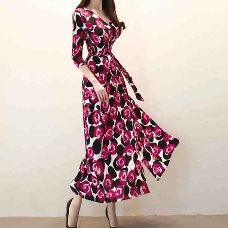 

2019 Fashion Designer Runway Dress Autumn Women's Sashes Red Rose Floral Printed Party Split Slim Dress Sexy Flower Long Dress