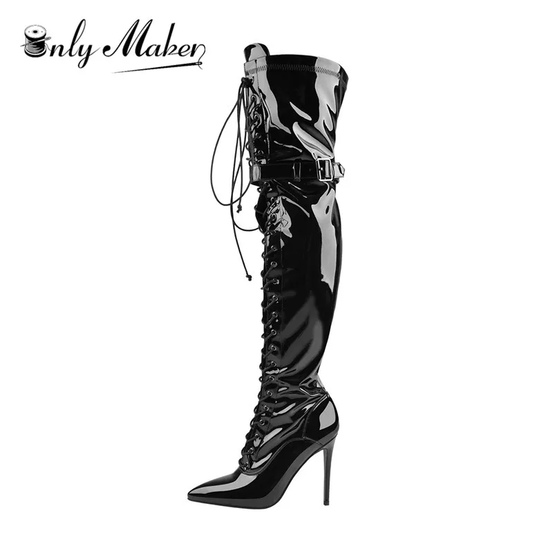

onlymaker Women's Sexy black Zip Lace-Up 12cm High Heel Stiletto Stretch Over The Knee High Boot US5~US15 plus size women boots