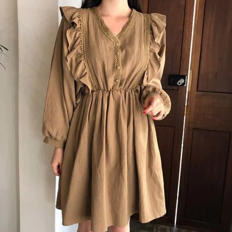 [EWQ]2020 Spring New Sweet Lace Stitching Cotton Linen Ladies Casual Dress Korea Lantern Sleeve Ruffled White Dresses QX063 | Женская