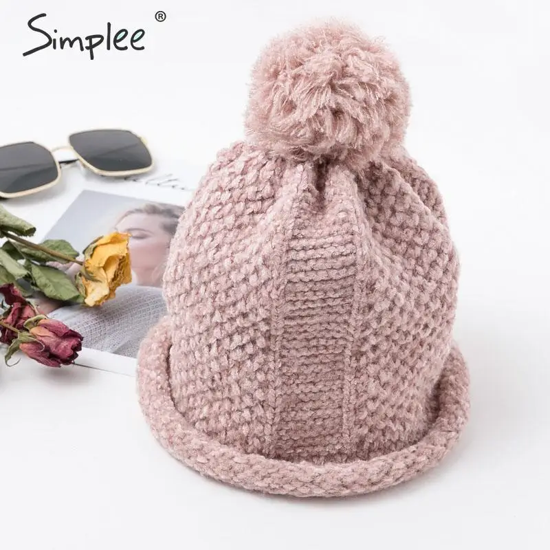 Simplee, модные вязаные женские шапки с помпоном, повседневные, одноцветные, мягкие, женские, Осенние, эластичные, для девушек, шикарные, теплые зимние шапки-бини