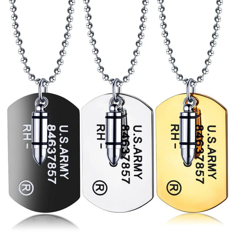 High Quality Fashion Men Military Army Bullet Charm Dog Tags SINGLE EMBOSSED Chain Pendant Necklace Jewelry Gift 1PCS