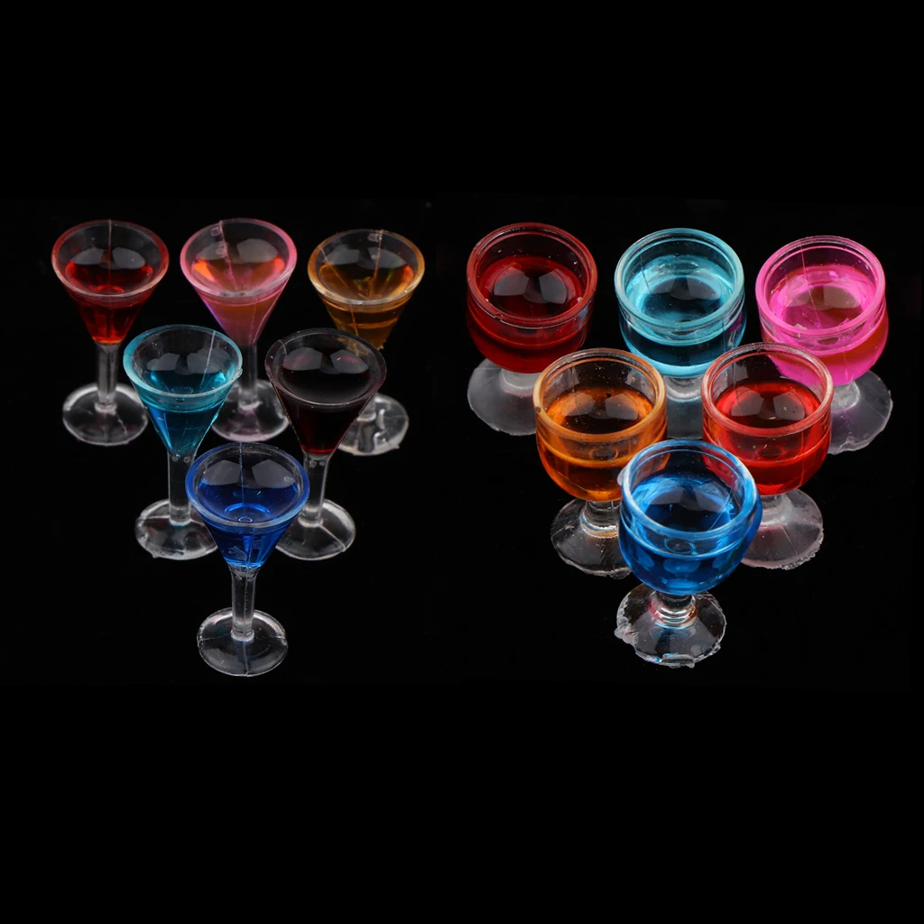 12 Pieces Sharp & Round Cocktail Glasses Fashion Drink Goblets with 6 Colors for 1/12 Dollhouse Bar Accessories Table Decoration
