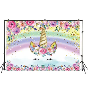 

HUAYI rainbow and watercolor flowers with golden dots photo backdrop cartoon unicorn background girl birthday decorations W-1769