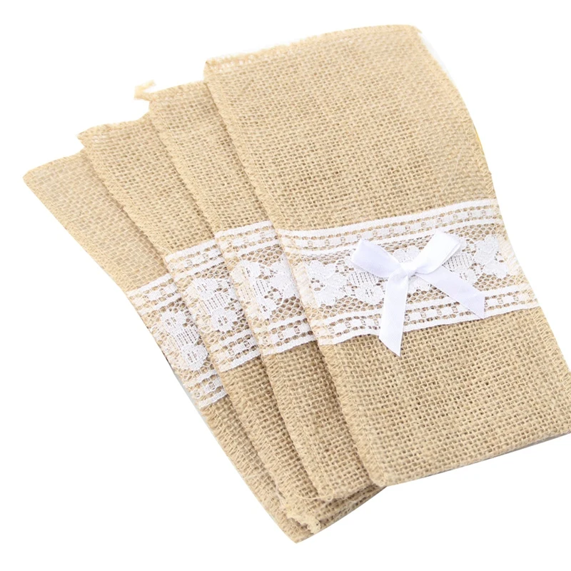 

ELEG-50Pcs Jute Burlap Lace Cutlery Pouch Wedding Tableware Party Decoration Supplies Fork and Knife Storage Bag Table Decoratio