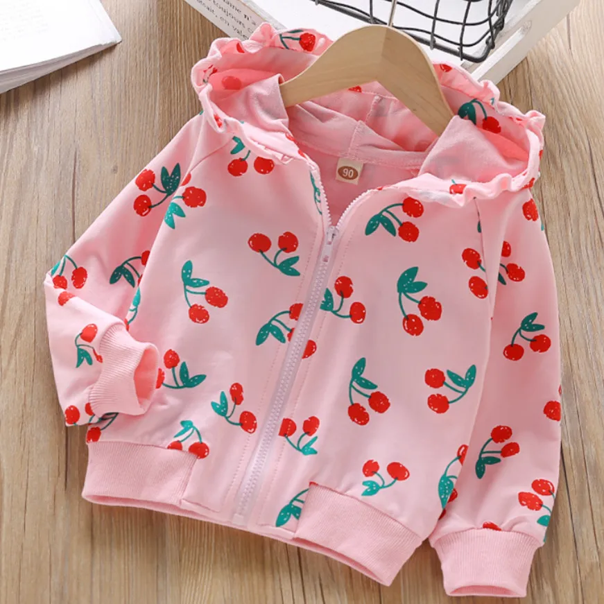 Spring Autumn Baby Girls Jackets Cute Cherry Printed Long Sleeve Coats Top For Kids Hoodied Children Outerwear Clothing |