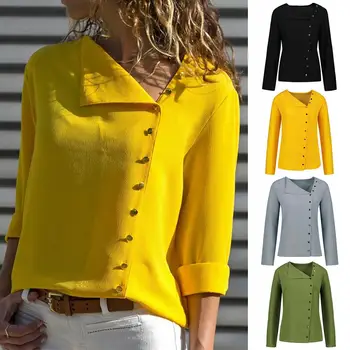 

Women Solid Color Long Sleeve Irregular Skew Collar Button Office Shirt Blouse