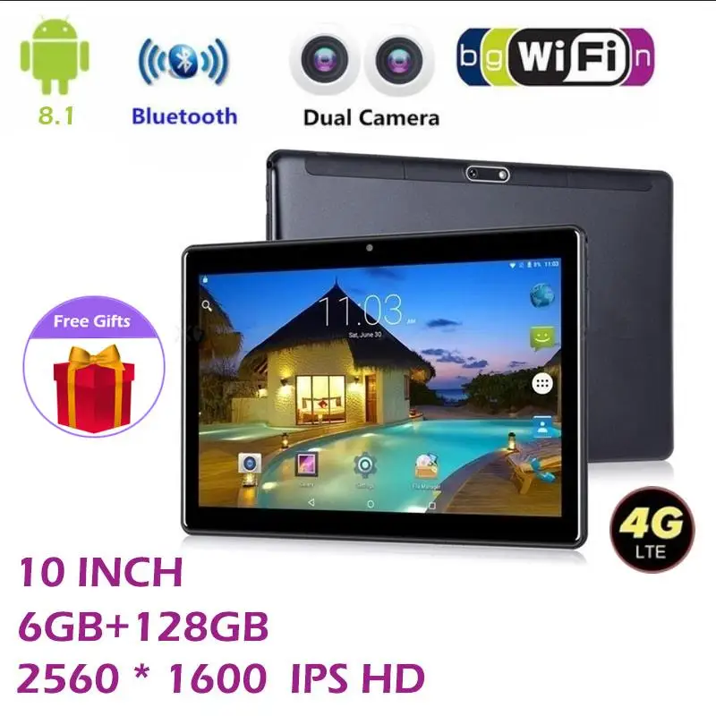 Планшет Android 8 1 2560*1600 IPS 10 дюймов 4G WiFi Bluetooth GPS две SIM карты двойная камера 6 ГБ + 128 Гб