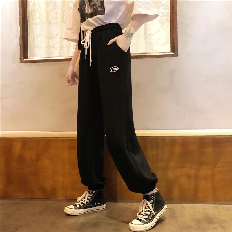 

Pants Women Elastic Waist Binding Feet Printed Pockets Loose Straight Korean Style Harajuku 2020 Students Daily Womens Trendy