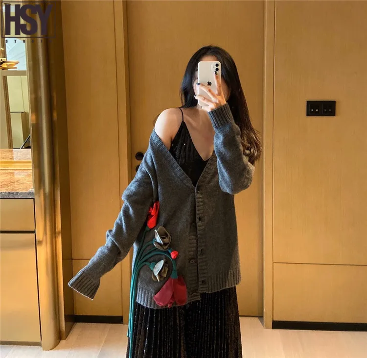 【HSY】 Осень Зима Новая Женская Ручная трехмерная Цветочная декоративная Черная юбка миди с высокой талией