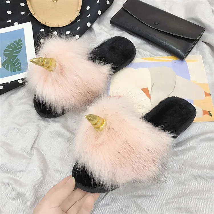 COOTELILI Winter Women Home Slippers with Faux Fur Fashion Warm Shoes Woman Slip on Flats Female Slides Black Christmas Gift