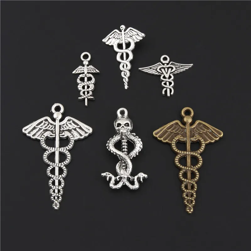12 шт. смешанных серебряных/бронзовых подвесок Caduceus Меркурий с крылатыми змеями