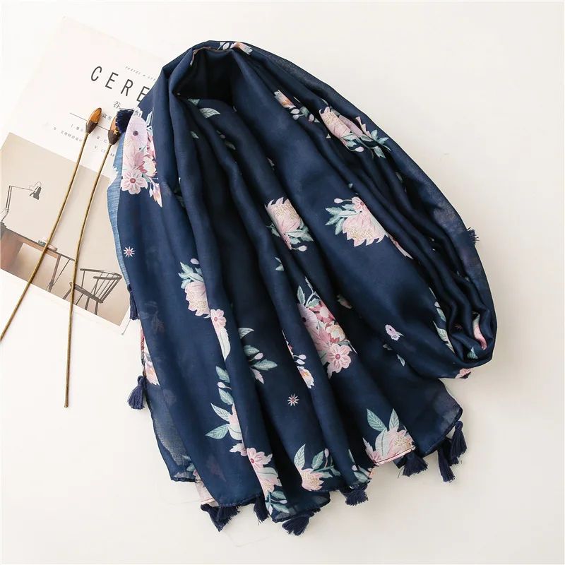 

2021 новые Для женщин шарф с цветочным принтом хлопковый шарф с кисточкой Шали,