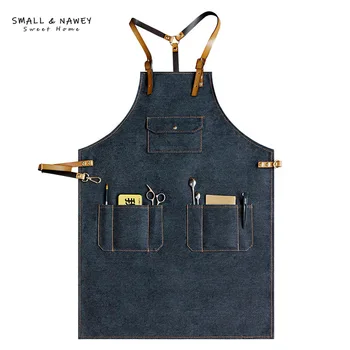

GOOPEEG Leather Denim Apron Barista Fashion Workwear Milk Tea Shop Bar Painting Customizable LOGO