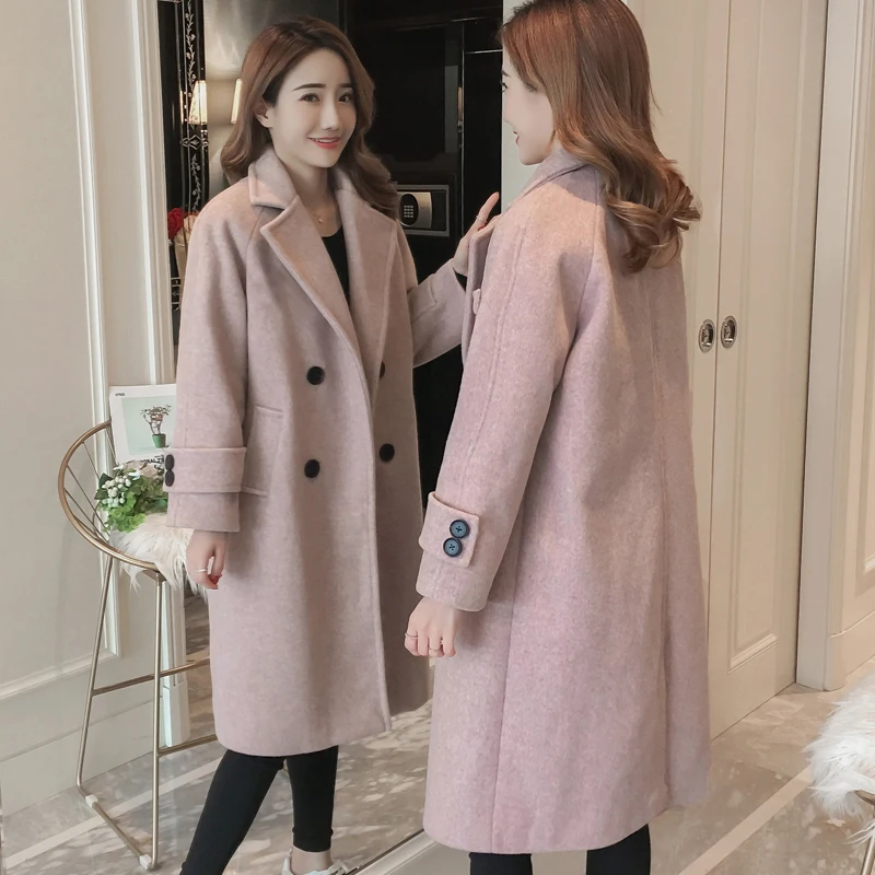 Leather Pink Осень и зима новая Корейская версия толстого шерстяного пальто в длинном абзаце свободного большого размера Женское шерстяное пальто - Цвет: Leather Pink