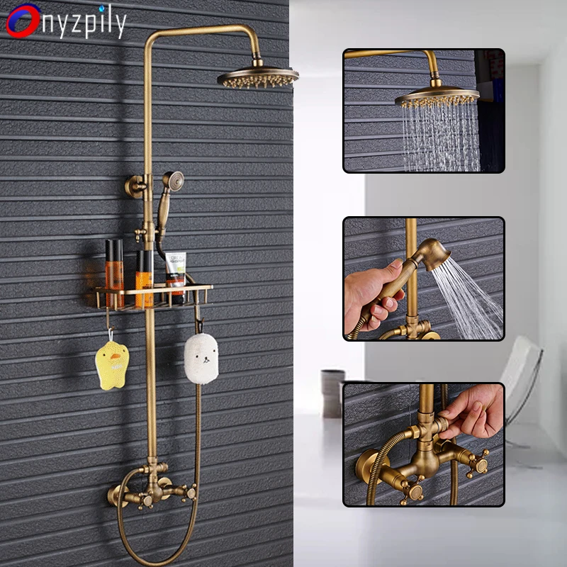 Shower Faucet Mixers Antique Brass Dual Handle Rainfall 8" Brass Shower Head with Bath Storage Shelf and Hooks Shower Water Tap - Цвет: Antique Brass 1