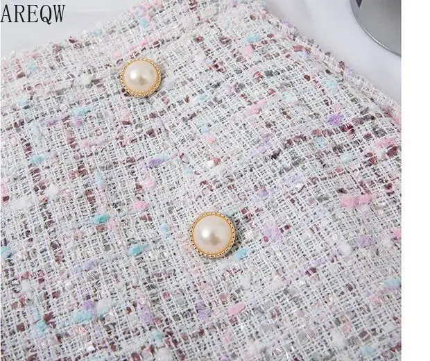 Новая Корейская твидовая юбка с высокой талией и пуговицами, шерстяная черная юбка средней длины, Осень-зима