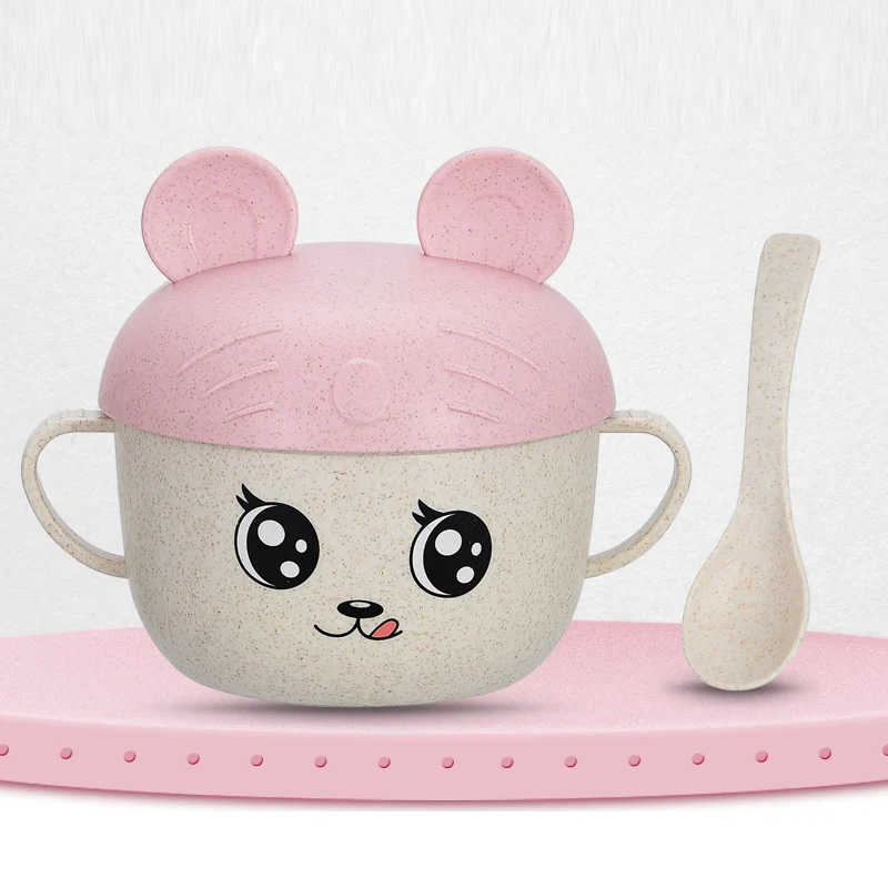 Pink With Ear 2 шт./компл. детская посуда для кормления, детские блюда с рисунком пшеницы, детские блюда, набор посуды для еды, набор посуды, антигорячей пластины, тренировочная чаша+ ложка - Цвет: Pink With Ear