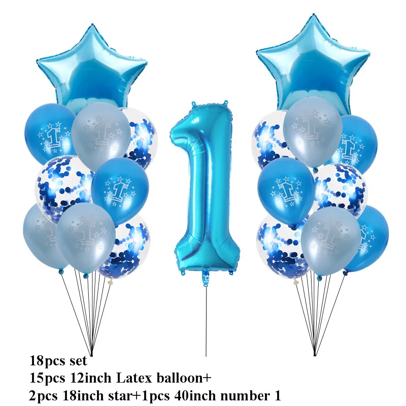 Вечерние баннеры на первый день рождения для маленьких мальчиков и девочек, 1 день рождения, 1 год, вечерние баннеры на день рождения - Цвет: 18pcs balloon set