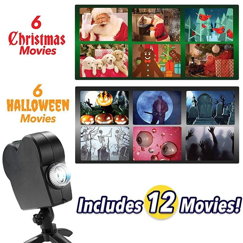 Лазерный проектор на Рождество, Хэллоуин, 12 фильмов, диско-светильник, проекционный светильник для окна, украшение дома, сада, уличный тематический светильник
