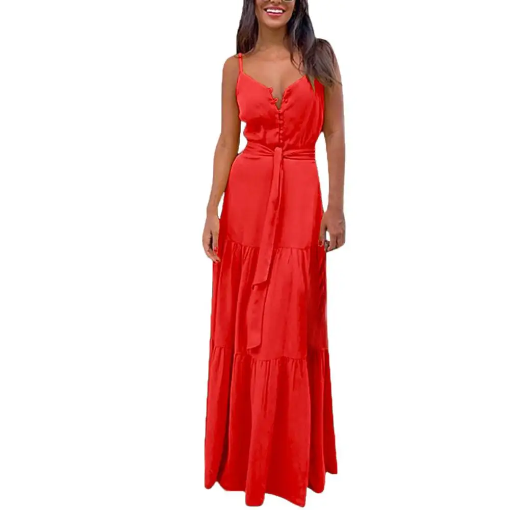 Женское летнее длинное платье в стиле бохо на тонких бретельках, вечерние пляжные платья с v-образным вырезом, сарафан с цветочным рисунком и лямкой через шею, новинка# J30 - Цвет: Красный