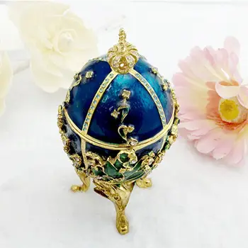 

New Blue Faberge-Egg Hand Painted Jewelry Trinket Box Gift for Easter Home Decor 83XF