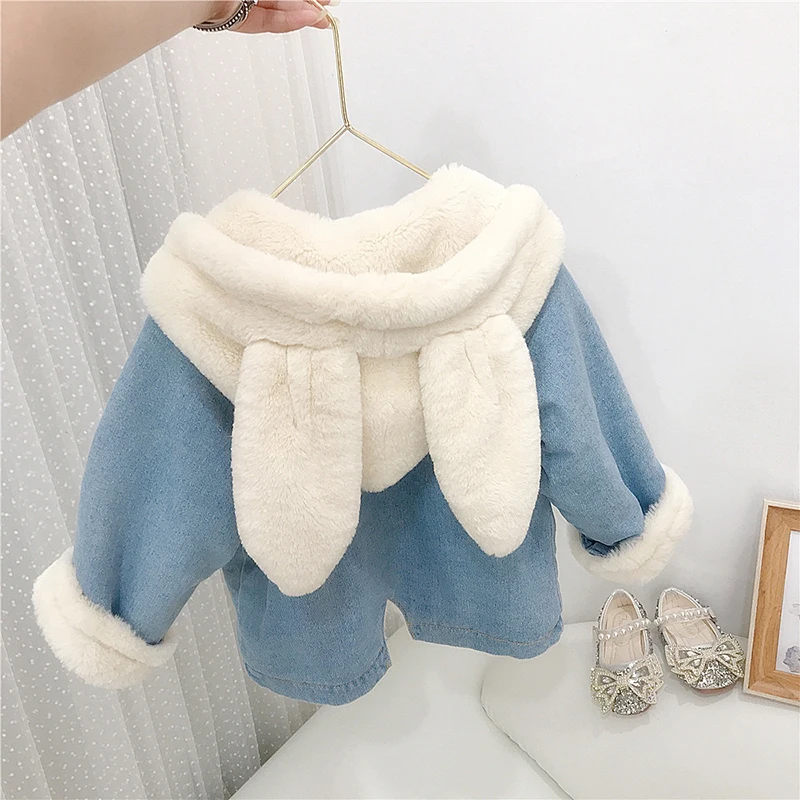 outono inverno grosso quente criança denim casaco bebê meninas bonito orelhas de coelho com capuz casacos de pele de veludo outerwear crianças casaco