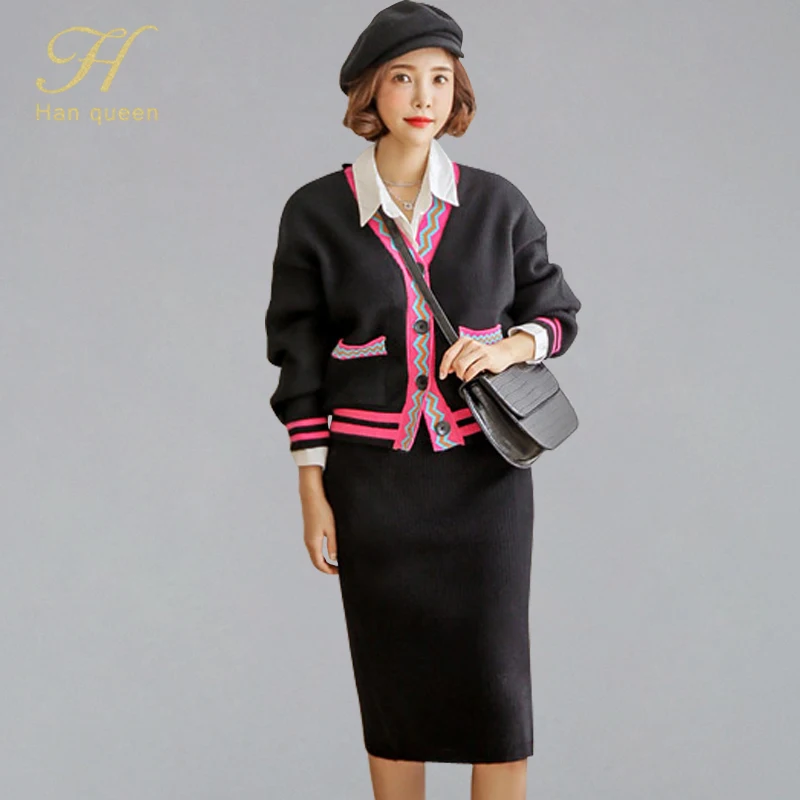

H Han Queen New Contast Color Knitted Sweater 2 Pieces Set Women Single-breasted Cardigans And Split Sheath Bodycon Pencil Skirt
